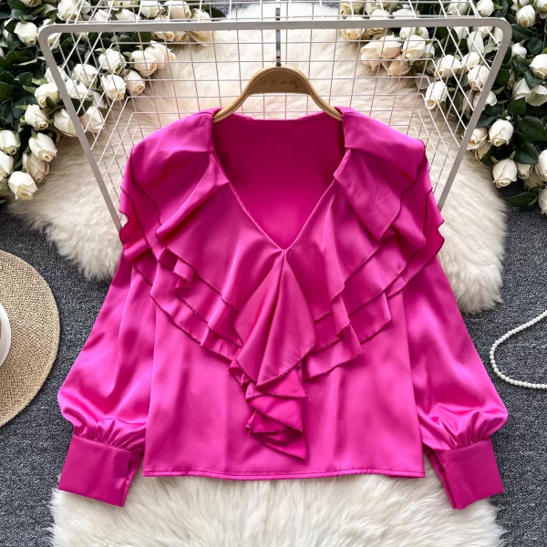 LW0355 2025 Springlight Luxury Senior Sense V-Neck Shirt Women'S Autumn Satin Ruffled Temperament Top Blouses Elegant Women