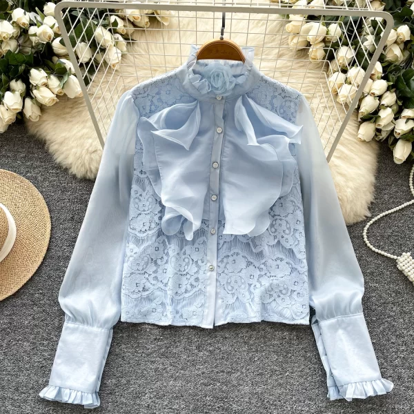 LW0595 Court Style Shirt Lady Three-Dimensional Flower Ruffled Lace Patchwork Long Sleeve Mesh Blouses Elegant Women