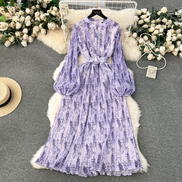 LE2557 2025 Autumn New Holiday Pleated Midi Dresses Women'S Boutique Bubble Long Sleeve Floral Dress Belted Printed Midi Dress