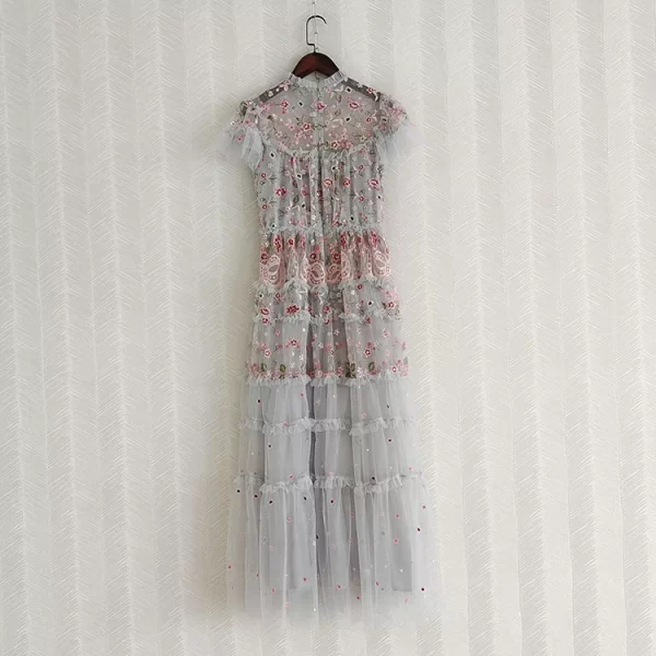LE2545 High Quality Maxi Gauze Dresses Woman Elegant Socialite Holiday Embroidery Lace Dress Embroidered Floral Evening Gown