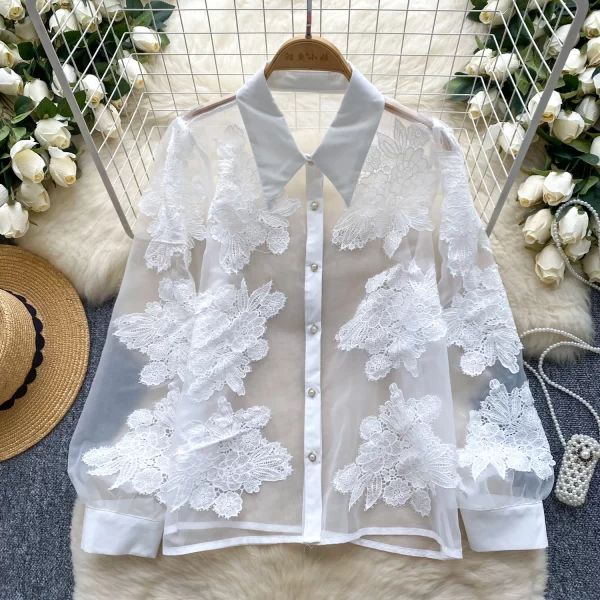 LW0503 2025 New High-Class Floral Embroidery All-In-One Slimming Single Breasted Tulle Shirt Blouses Elegant Women Ladies