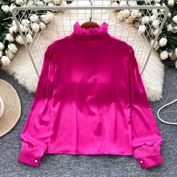 LW0353 Light Luxury Satin Sense Stand Collar Shirt Women Autumn Wood Ear Edge Temperament Chic Niche Blouse Tops for Women