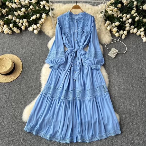 LE2552 Solid Hollow Out Embroidery Maxi Dresses Women Lady Elegant Runway Lace Stitching Evening Gown Holiday Long Casual Dress