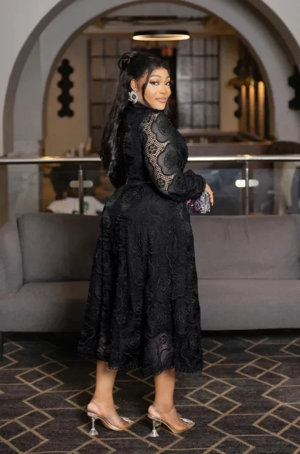 LE2475 Belted Evening Maxi Dresses Autumn Lace O-Neck Temperament Belted Plus Size Long Dress