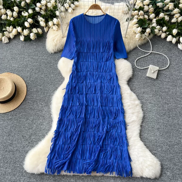 LE2513 Unique Draped Tassels Midi Large Size Evening Dress Fringe Pleated Design Socialite Evening Gown Elegant Party Long Dress