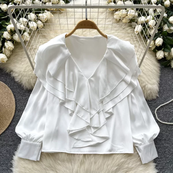 LW0355 2025 Springlight Luxury Senior Sense V-Neck Shirt Women'S Autumn Satin Ruffled Temperament Top Blouses Elegant Women