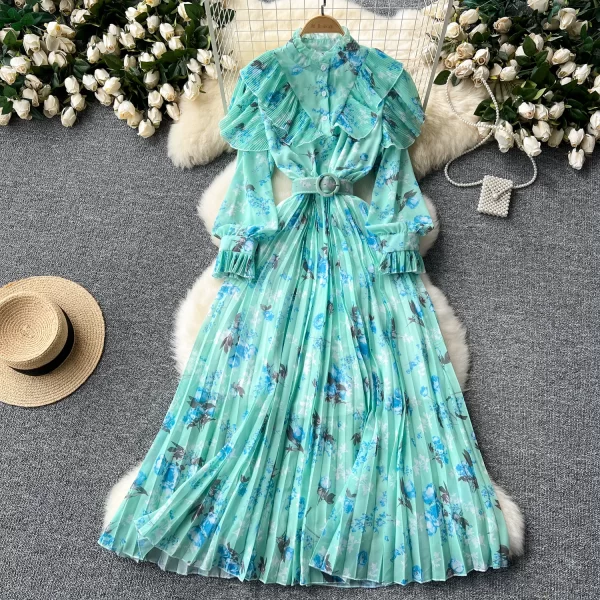 LE2440 Women'S Boutique Clothing Haute Couture Printed Chiffon Dress Flounce Edge Patchwork Pleated Dresses Lady Holiday Robe