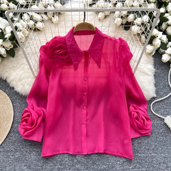LW0507 All-In-One Shirt 2025 New Design Sense Three-Dimensional Flower Fold Lantern Sleeve All-In-One Long-Sleeved Shirt