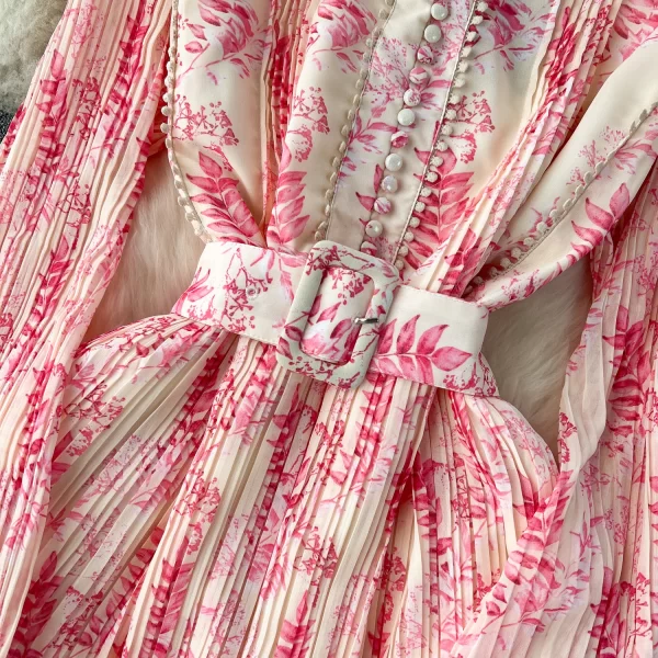 LE2557 2025 Autumn New Holiday Pleated Midi Dresses Women'S Boutique Bubble Long Sleeve Floral Dress Belted Printed Midi Dress