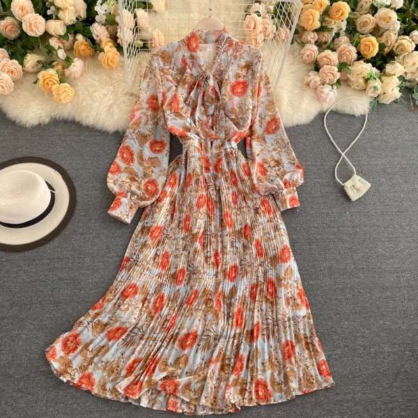 LE2556 Chic Holiday Pleated Midi Womens Dresses Bow V-Neck Bubble Sleeve Floral Print Dress Elastic Waist Chiffon Casual Dress