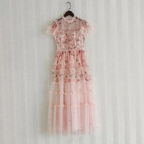 LE2545 High Quality Maxi Gauze Dresses Woman Elegant Socialite Holiday Embroidery Lace Dress Embroidered Floral Evening Gown
