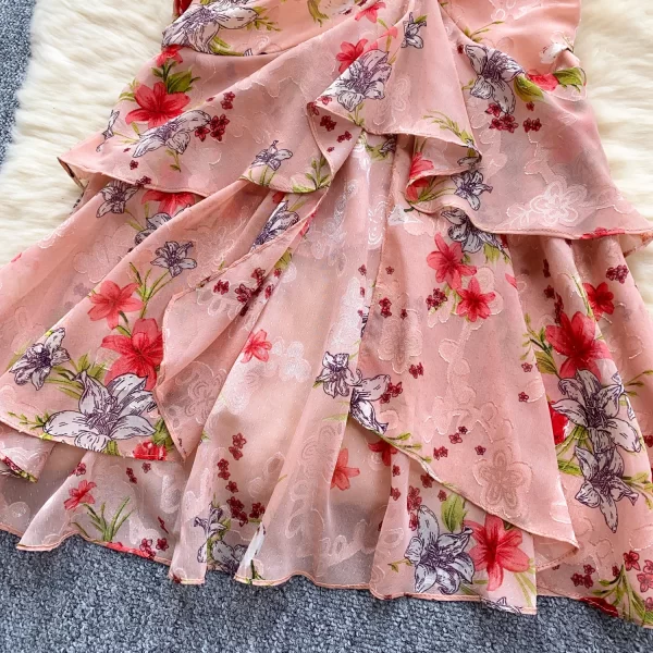 LE2525 Mature Floral Print Dress Lady Elegant Irregular Chiffon Fishtail Dress Socialite Party Drawstring Ruffled Midi Dresses