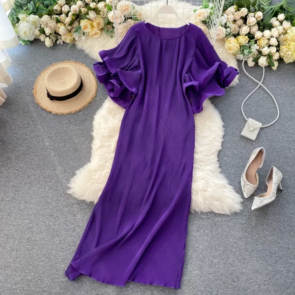 LE2470 Pleated Dresses Three-Dimensional Double Ruffled Sleeve Loose Midi Fold Dress Female Dress