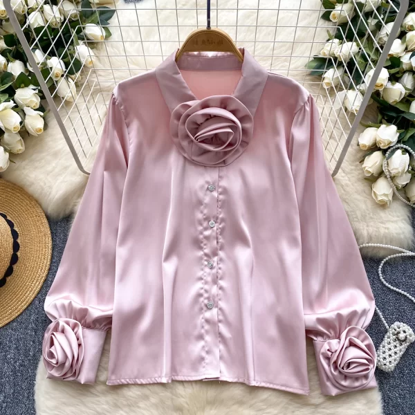 LW0503 2025 New Advanced Sense Flower Lapel Single Breasted Lantern Sleeve Top Small French Satin Shirts for Women Tops