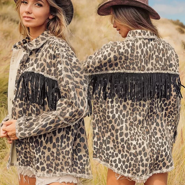 New Fringe Denim Jacket Women's Spring Washed and Old Leopard Print Denim Jacket