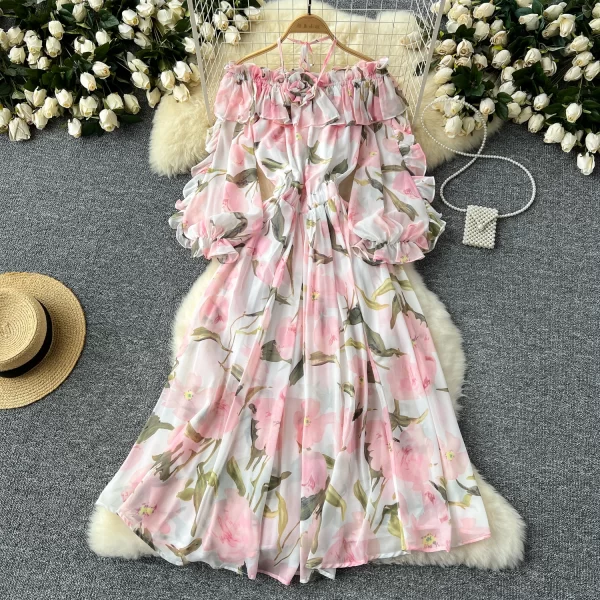 LE2438 Holiday Flowers Printed Dress Woman Off-The-Shoulder Ruffled Chiffon Long Dress Beach Vacation Party Flowing Dress Robe