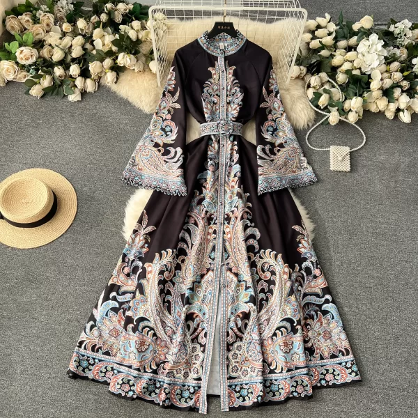 LE2468 Ethnic Style Loose Evening Gown Vintage Maxi Printed Dresses Woman Ruffled Collar Flared Long Sleeve Dinner Long Dresses