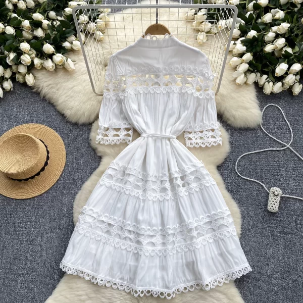 LE2574 Court Style Women Boutique Lace Elegant Party Dresses Hollow Hook Flower Lace Patchwork Mini Dress A-Line Female Dresses