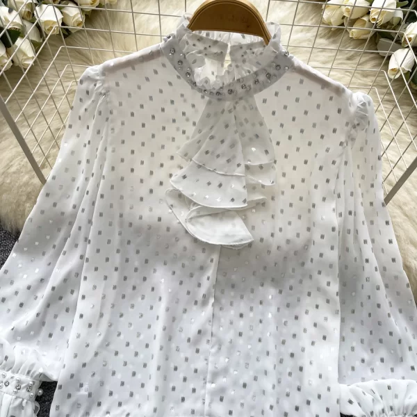 LW0356 202new Light Luxury Polka Dot Print Lotus Sleeve Shirt Women'S Tie With Diamond Design Temperament Blouses for Lady