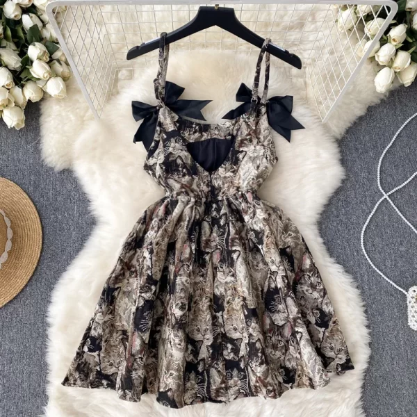 LE2507 2025 Fun Girly Bow Print Halter Dresses Women Vintage Preppy Pommel Mini Prom Dress Bar Club Short Dress