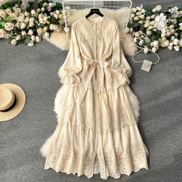 LE2548 Pastoral Style Embroidery Robe Lace-Up Midi Holiday Casual Dresses Woman Ethnic Socialite Party Long Gown