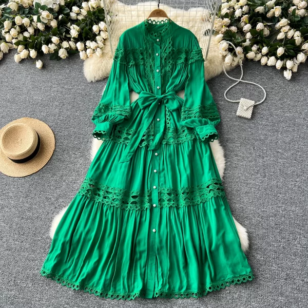 LE2572 Autumn Retro Lace Elegant Party Dresses 2025 Women Boutique Hollow Hook Flower Embroidery Maxi Dress A-Line Female Dress