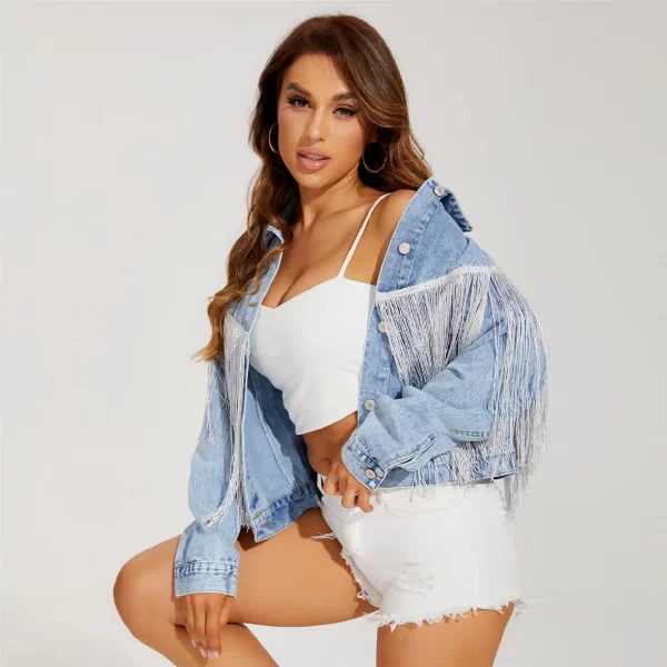 Foreign Trade Denim Jacket Women Fashion Fringe Lapel Fried Flowers Denim Jacket