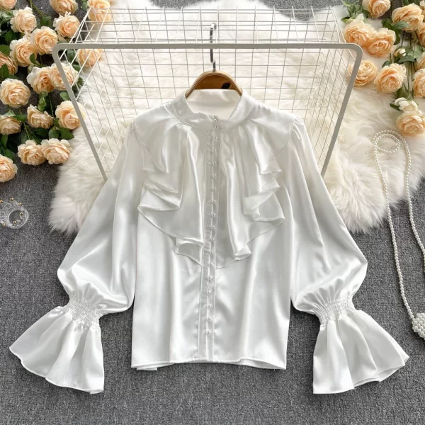 LW0363 French Shirt for Women Design Sense Ruffled Collar Single Breasted Temperament Lantern Sleeve Top 2025 Spring