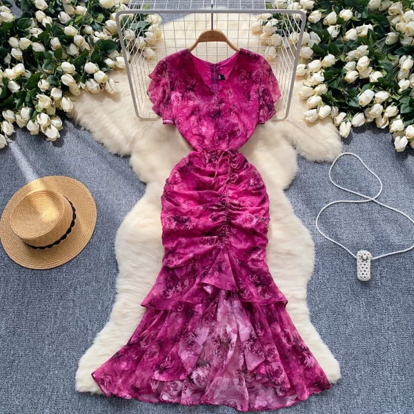 LE2525 Mature Floral Print Dress Lady Elegant Irregular Chiffon Fishtail Dress Socialite Party Drawstring Ruffled Midi Dresses