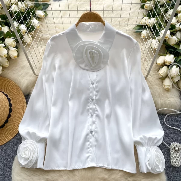 LW0503 2025 New Advanced Sense Flower Lapel Single Breasted Lantern Sleeve Top Small French Satin Shirts for Women Tops