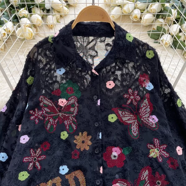 LW0368 2025 New Butterfly Sequin Embroidered Puffed Sleeve Shirt Women'S Mesh Temperament Top Blouses for Lady