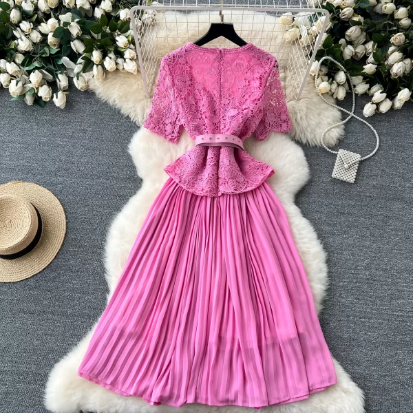 LE2458 Women Embroidery Pleated Long Dress Socialite Holiday Party Hollow Hook Flower Casual Dress Boutique Lace Midi Dresses