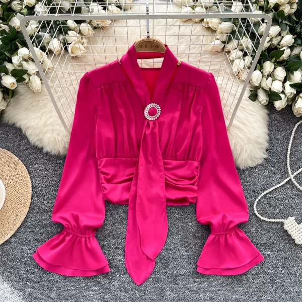 LW0357 Light Luxury Blouse Women'S Satin Ribbon Halter Fold Waist Waist Short Flared Sleeve Tops for Women Casual