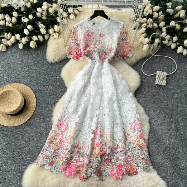 LE2573 Elegant Lace Elegant Party Dresses 2025 Women Boutique Hollow Hook Flower Embroidery Midi Dress A-Line Female Dresses