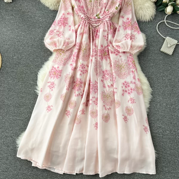 LE2567 Gentle  Floral Casual Women'S Dresses Autumn Female Bow Tie O-Neck Pleated Waist  Holiday Women'S Boutique Printed Dress