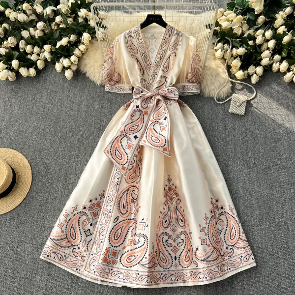 LE2464 Ethnic Style Print Dresses Socialite Dinner Party One-Piece Wrap Maxi Dress Women Elegant Gauze Belted Evening Gown