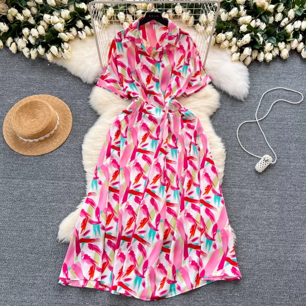 LE2521 Vintage Mature Maxi Woman'S Shirt Dresses Large Swing Dress Irregular Print Female Long Office Lady Belted Long Dress