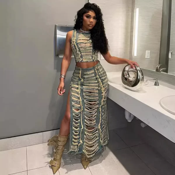 New Summer Fashion Ripped Denim Two Piece Skirt Suit Women's Denim Suit Cropped Vest and Split Skirt Suit