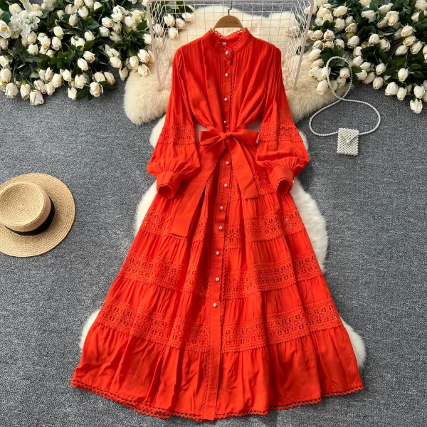 LE2551 Solid Lace Patchwork Maxi Dress Elegant Women Embroidery Evening Gown Socialite Holiday Party Lady Long Casual Dresses