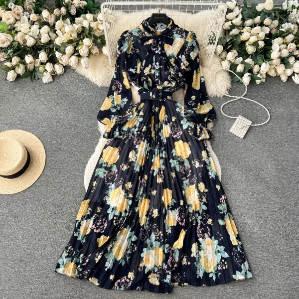 LE2562 2025 Autumn Floral Printed Dresses Luxury Women'S Elegant Chiffon Maxi Pleated Dress Holiday Women'S Boutique Clothing