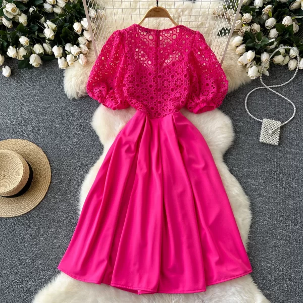 LE2569 Luxury Socialite Party Dress Large Size Feminine Exquisite Hollowed-Out Hook Flower Lace Patchwork Midi Evening Dresses