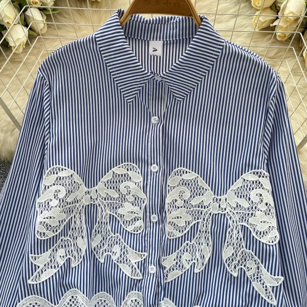 LW0594 Chic Bow Lace Embroidery Striped Shirt Women'S Design Sense Draw Rope Waist Shirt Blouses Elegant Women Ladies