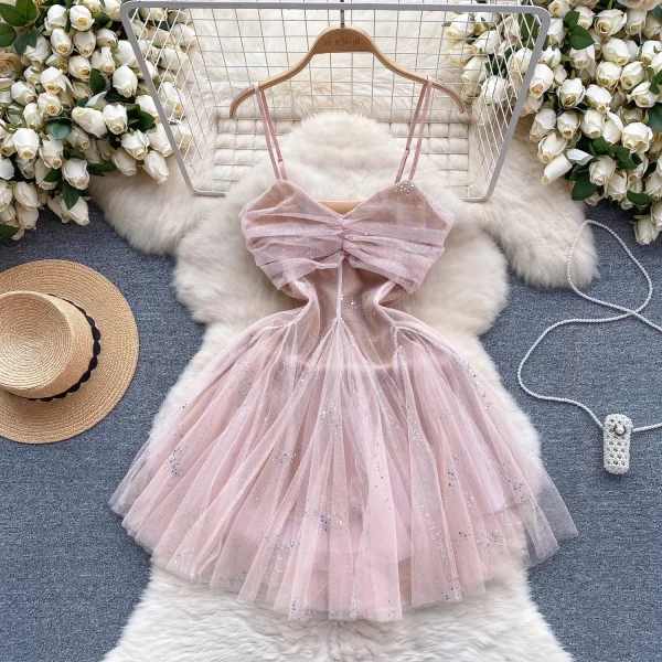 LE2506 Gentle Mini Princess Dresses Lady Delicate Pleated Mesh Short Dress Pleated Lace Prom Halter Dress Wedding Woman