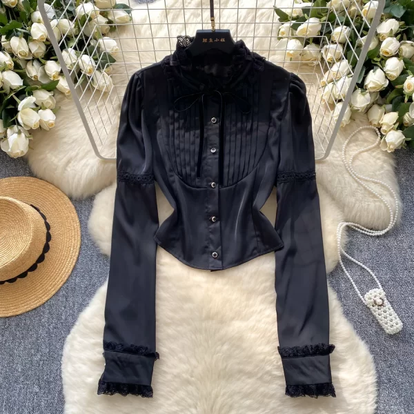 LW0370 2025 Spring Temperament Color Contrast Lace Patchwork Receive Waist Long Sleeve Shirt Female Tops for Women Casual