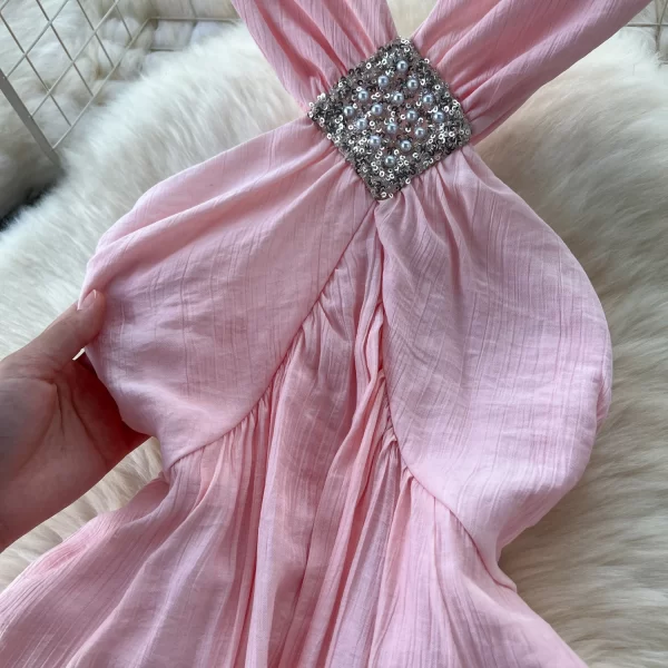 LE2519 2025 Summer Beach Vacation Fairy Dresses Woman Temperamental Intersect Diamond A-Line Halter Dresses Pink Long Prom Dress
