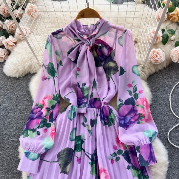 LE2564 Autumn Elegant Party Maxi Dresses 2025 Retro Pleated Printed Dress Women'S Boutique Sailor Collar Floral Holiday Robe