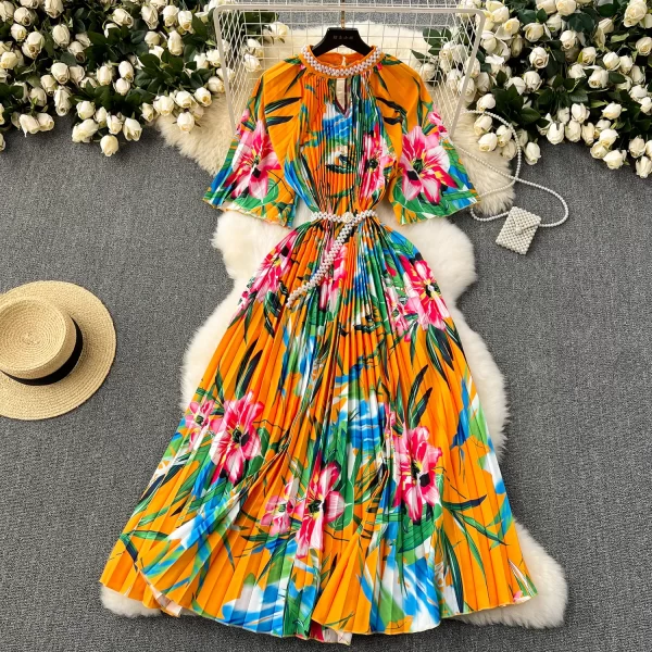 LE2523 Loose Maxi Floral Print Dress Woman Hollow Diamond-Bordered Belted Large Size Pleated Evening Dress Socialite Party Robe