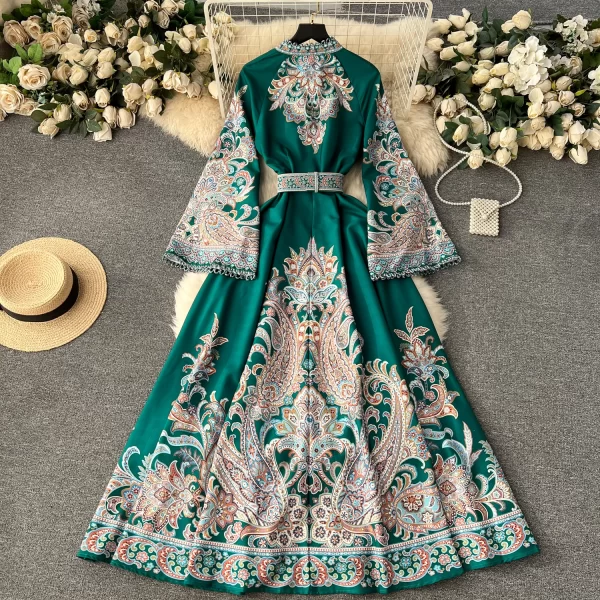 LE2468 Ethnic Style Loose Evening Gown Vintage Maxi Printed Dresses Woman Ruffled Collar Flared Long Sleeve Dinner Long Dresses