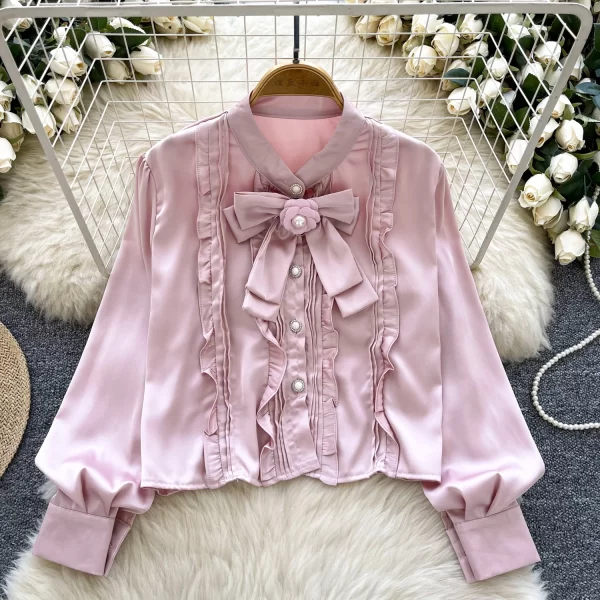 LW0517 High Sense Bow Decorated Long Sleeve Satin Top for Women With a Slim Chic Tops for Women Formal