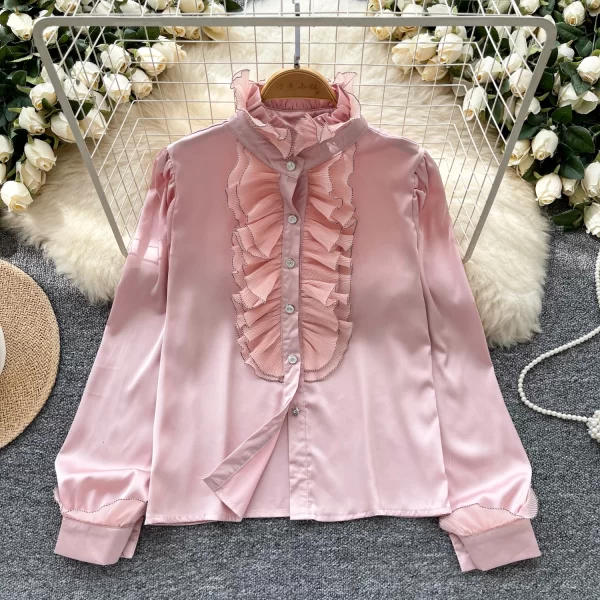 LW0353 Light Luxury Satin Sense Stand Collar Shirt Women Autumn Wood Ear Edge Temperament Chic Niche Blouse Tops for Women